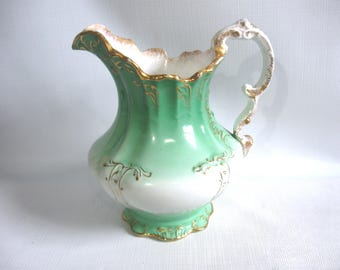 Warwick China Wash Pitcher, Antique China Toilet Ware, Vintage American Green & Gold Pottery Shaving Jug, Vanity Dresser
