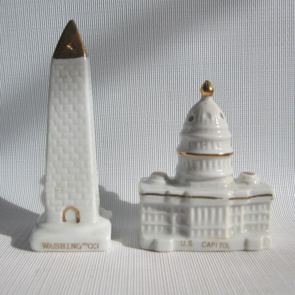 Washington Monument Salt & Pepper Shakers, Vintage U.S. Capitol Building Ceramic Tableware, MIJ Tourist Memorabilia Souvenir, Retro Kitsch