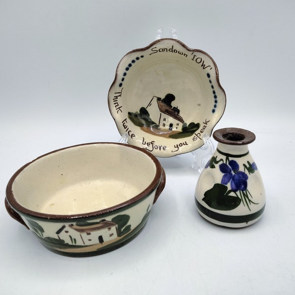 THREE Torquay Devon Motto Ware Earthenware Items, Vintage Bowls, Perfume Bottle Bud Vase Vinegar Cruet, Hand Painted England English Pottery