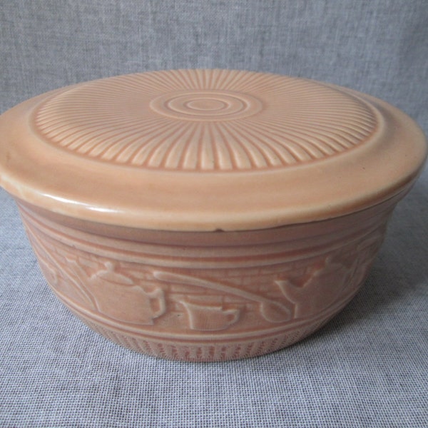 Robinson Ransbottom Lidded Casserole, Teapot Design, #165 Rose Tan Pottery Refrigerator Dish