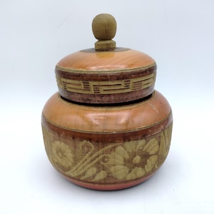 Wooden Jar Cache Pot, Vintage Lathe Turned Round Box Tea Container, Greek Key & Floral Incised, Varnished Painted Bands, Handled Lid