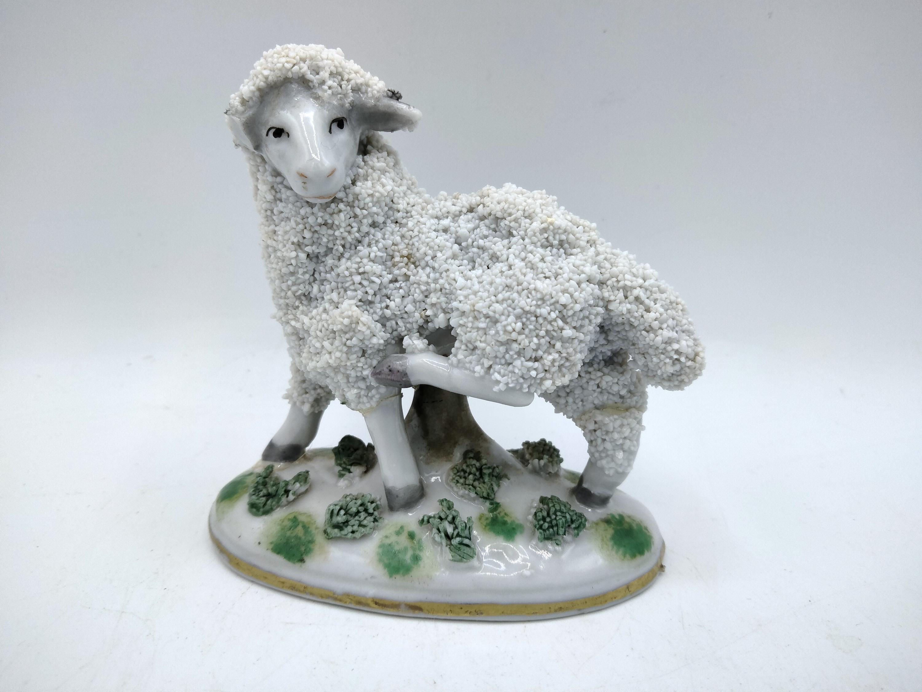 German Porcelain Sheep Figurine, Antique Mini Dresden Spaghetti