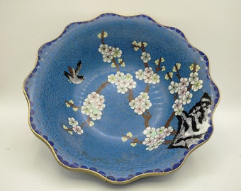 Chinese Cloisonne Bowl 9” Vintage Blue Cherry Plum Blossom Birds Magnolia Flowers Bonsai Rocks Rim Brass Enamel Dish Chinoiserie Decor China