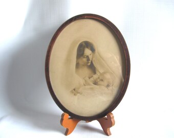 Mother & Child Oval Vintage Framed Lithograph, Fishback Co 1905, Sepia Print w/ Glass, Antique Nursery Decor, Madonna Infant Baby