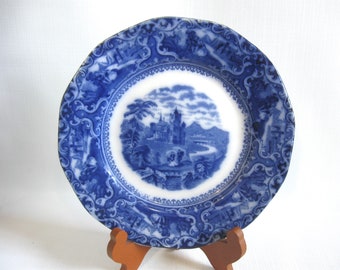 Staffordshire Watteau Antique Flow Blue Plate, 9" Brownfields Pottery, England, Vintage Transferware, English China 1898-1910 Reg. 555592