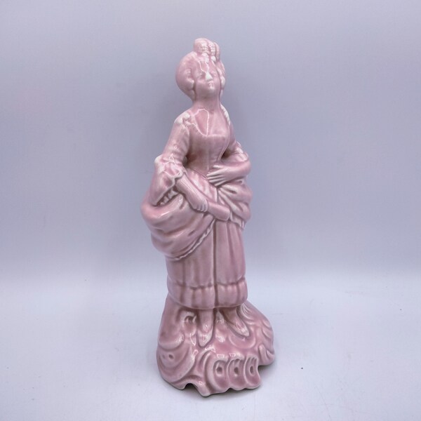 Cameron Clay Colonial Lady Figurine Vintage Pink Statuette Woman in Fancy Dress American Art Pottery CCP China Pottery Rose Retro Kitsch