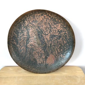 Copper Tray Tribal Carved Animal, Vintage REMO 12" MCM Mid Century Decor, African Middle Eastern