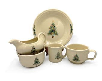 REDUCED - Christmas Tree Fiesta by Homer Laughlin XMas Holiday, Gusto Rim Soup Nappy Bowl, Mug Plate Serving Pieces, Retro Dinnerware