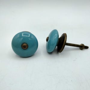 May include: Two round cabinet knobs with a smooth, glossy turquoise ceramic finish. Each knob features a central bronze-toned metal accent and a matching bronze-toned metal base with a threaded screw and nut extending from the back for installation.