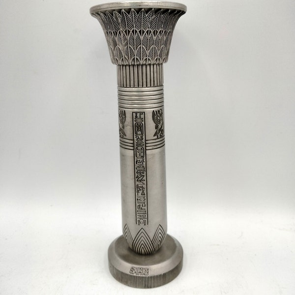 Egyptian Temple Column Vase, Vintage Metal Candle Holder Stick, Foliated Capital w/ Hieroglyphics Bands Reeds, Winged Sun God Isis or Horus?