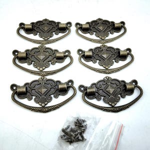 Hepplewhite Style Dresser Pulls (Six), 2.5" Replacement Handles Bureau Vanity Chest Jewelry Box, Antique Brass Finish, Furniture Restoration