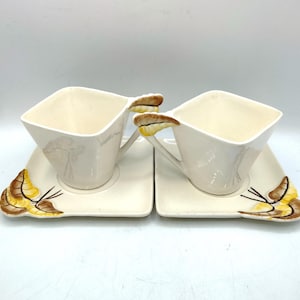 Vernon Kilns Chatelaine Cup Saucer Sets, Vintage Platinum Sharon Merrill Design, Leaf Handle Square Teacup Plate, California Dinnerware