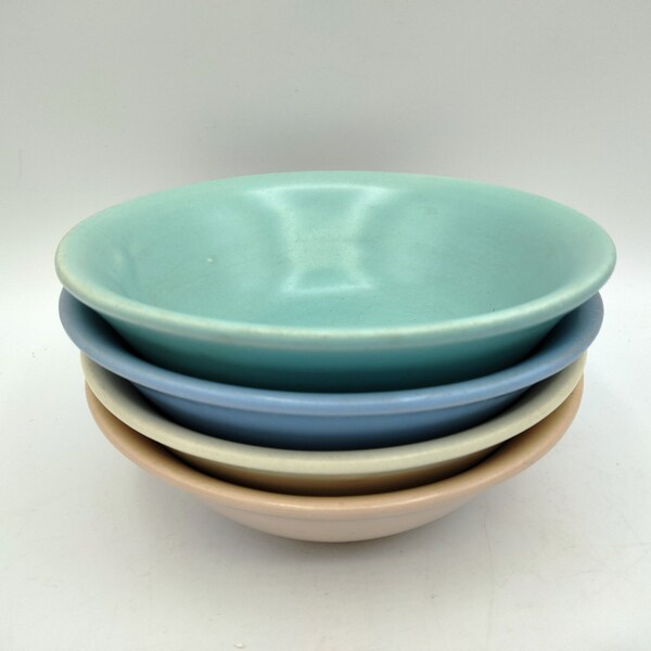 FOUR Bauer La Linda Fruit Bowls, Vintage Matte Glaze California Pottery, Satin Pastel Blue Peach Green Ivory, Retro CA American Dinnerware