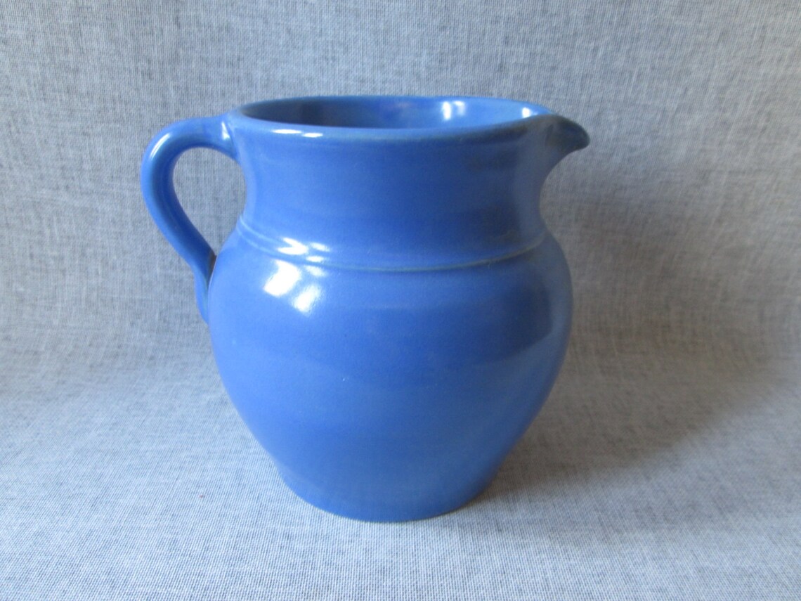Blue Stoneware Pitcher Ringed Jug with Applied Handle Etsy
