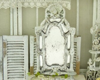 French Doll House, Scale 1/12, Baroque Mirror, Resin Miniature, Glass Mirror, White Shabby, Collectible Accessory, Wall Decor