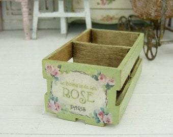 French Doll House, Wooden Miniature Crate, Shabby Provence Green, "Roses de Paris" Collection Accessory, Miniature House, Scale 1/12