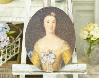 French Doll House, Gift 1/12 Scale, Oval Wooden Panel, Portrait of a Woman in a Yellow Dress 18th century, Printed Painting Reproduction