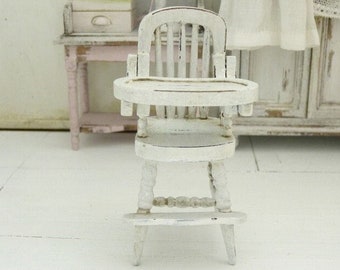 Baby Vintage Highchair, Miniature Furniture in Wood, Romantique Nursery, White Shabby Chic, French Dollhouse, 1:12th Scale