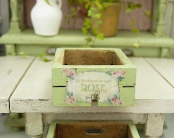 Miniature Shabby Wooden Crate, Distressed Provence Green, Decorative accessory, French dollhouse, 1:12th scale