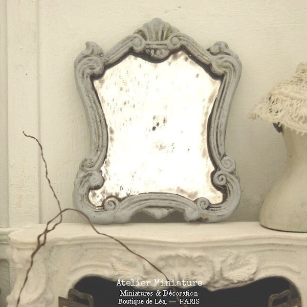 Miroir Miniature Baroque en Métal, Miroir en Verre, Structure en Métal, Shabby Gris, Accessoire de Maison de Poupée, Échelle 1/12