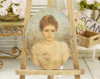 French Doll House, 1/12 Scale, Oval Wood Panel, Portrait of Woman in Ecru Dress 19th century, Printed Miniature, Painting Reproduction