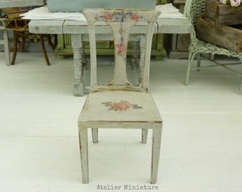 Miniature Wooden Chair, Shabby Chic Ligh Gray, Printed Floral Decor, Dollhouse Furniture, Cottage Kitchen, 1:12th scale