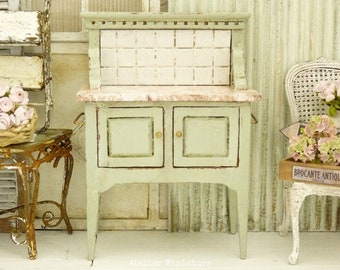 Dollhouse Gift 1:12th scale, Miniature Wooden French Vanity Table, Shabby Chippy Pink, Doll's Collectible Furniture
