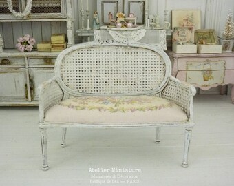 French Dollhouse, Wooden Miniature, Doll's Furniture, Louis XVI Medallion Sofa, Marie-Antoinette, Shabby Chic White, Scale 1/12