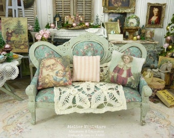 Napoleon III Miniature Wooden Sofa, Green French Toile, Doll House Furniture 1/12 Scale