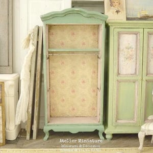 Miniature Dressing, Wardrobe in Wood, Chippy Shabby Bohemian Chic Two Tones Green and Pink, French Doll House Furniture, 1:12th scale