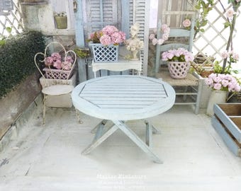 Miniature Round Wooden Shabby Chic Table, 1:12th Scale Collectible Dollhouse Blue Furniture - USA Taxes & Duties Included DDP