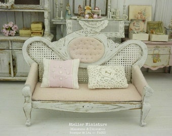 Napoleon III Miniature Wooden Sofa, Soft Faded Pink Toile, Doll House Gift, Furniture 1/12 Scale