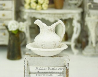 Miniature Vintage Broc and Bowl, Shabby Chic White, Collectible Doll House Accessory, 1:12th scale