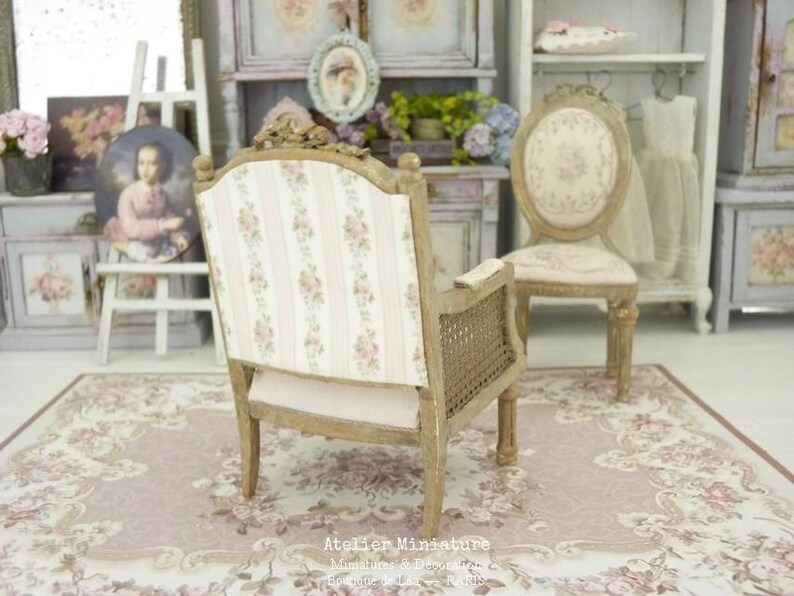 Miniature Wooden Armchair, Cane Imitation, French Dollhouse Unique Gift