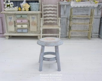 French Dollhouse Furniture 1:12th Scale, Miniature Round Blue Stool – USA Taxes & Duties Included DDP