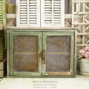 Miniature Wooden Low Cabinet Sideboard, Shabby Chippy Green, Doll&#39;s Furniture, French Dollhouse, 1:12th scale