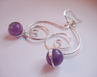 Amethyst Semi Precious Earrings, Silver Spiral Wire Wrapped Hammered Wire, Chakra, Calming, Inner Seeing,  Gift Idea