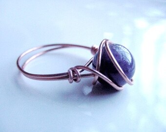 Calming Amethyst  Copper Wire Wrap Ring For Inner Seeing, Spiritual Awareness, Third Eye Chakra,  Valentines Gift Idea, FREE SHIPPING