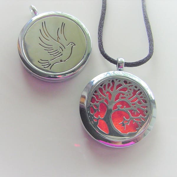 Aromatherapy Diffuser Necklaces Tree of Life, Angel Wings, Love Paws, Cat Moon, Stainless Steel, Essential Oil lockets, Pads included!