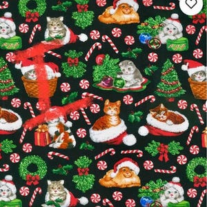 May include: A black fabric with a repeating pattern of cats wearing Santa hats, candy canes, Christmas trees, and wreaths. The cats are in various poses, including sitting, standing, and sleeping. The background is black with red and white candy canes, green wreaths, and red and white peppermint candies.