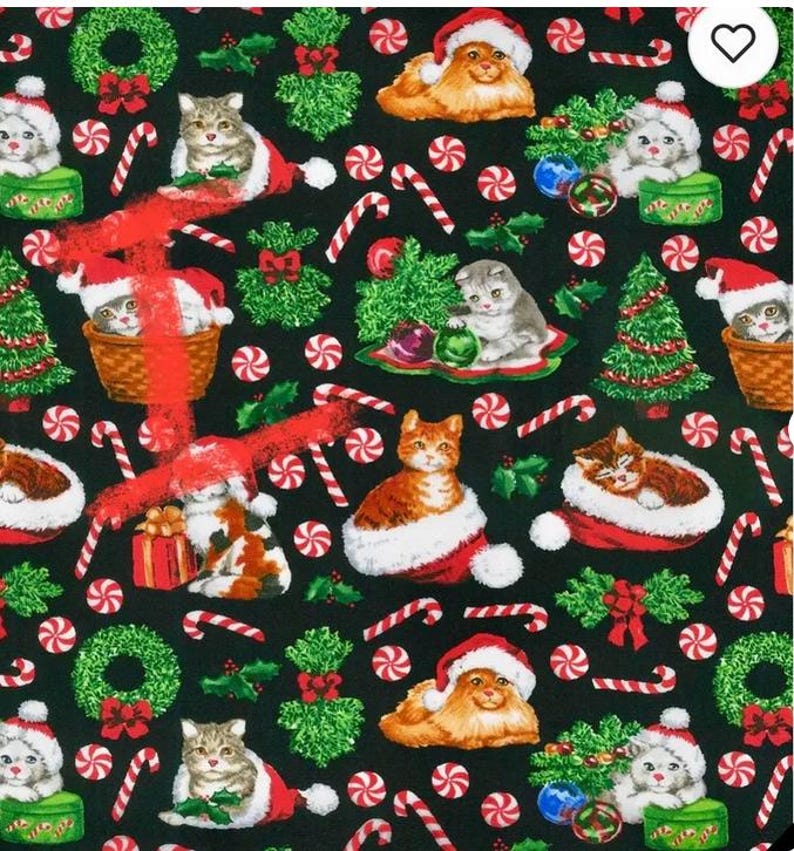 May include: A black fabric with a repeating pattern of cats wearing Santa hats, candy canes, Christmas trees, and wreaths. The cats are in various poses, including sitting, standing, and sleeping. The background is black with red and white candy canes, green wreaths, and red and white peppermint candies.