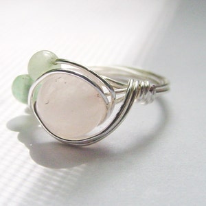 SALE Heart Soothing Ring Rose Quartz, Gr Aventurine, Heart Healing, Wire Wrapped Silver, Love Stone, Prosperity Abundance image 4