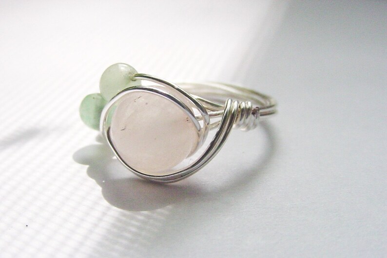 SALE Heart Soothing Ring Rose Quartz, Gr Aventurine, Heart Healing, Wire Wrapped Silver, Love Stone, Prosperity Abundance image 4