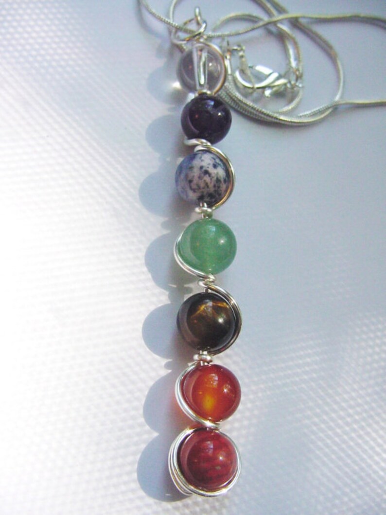 7 Chakra Wand Pendant Necklace Gemstones, Sterling Silver Upgrade, Balance, Reiki Jewelry, Chakra Jewellery image 4