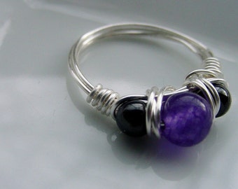 BEST SELLER AMETHYST and Hematite Semi precious Stone ring,  Wire Wrap Ring, Petite ring, ground, Intuition Chakra