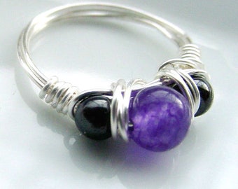 SALE!! Amethyst and Hematite Semi precious Stone ring,  Wire Wrap Ring, Petite ring, ground, Intuition Chakra