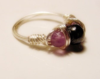 SALE!! Hematite & Amethyst Ring Wire Petite, Grounding, Spiritual Awareness,Stone for mental clarity, Gift Idea