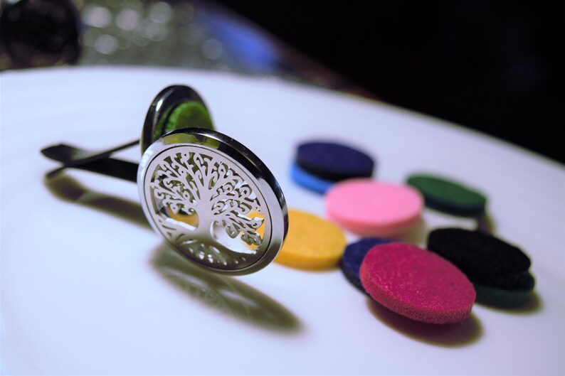 Auto Diffusoren Aromatherapie Diffusor, Baum des Lebens, musikalische Notizen, HAMSA HAND, OM, ätherische Öle, Pads enthalten! Edelstahl Bild 2