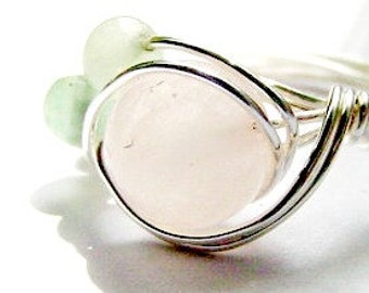 SALE!! Heart Soothing Ring Rose Quartz, Gr Aventurine, Heart Healing, Wire Wrapped Silver, Love Stone, Prosperity  Abundance