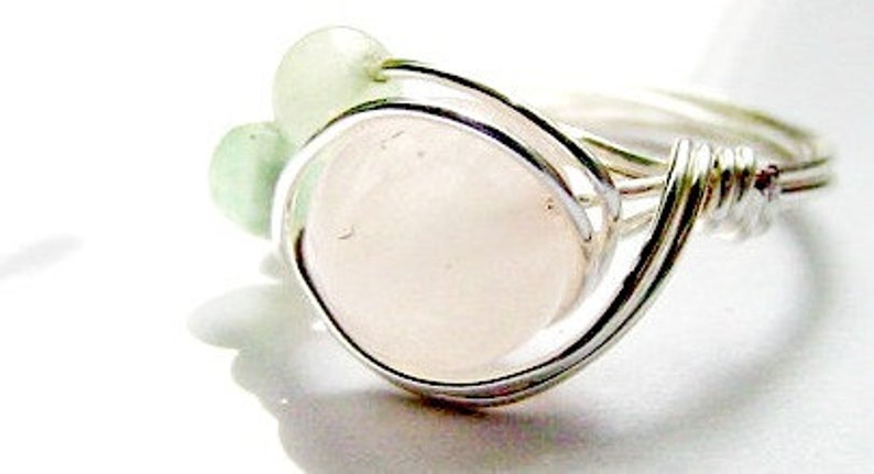 SALE Heart Soothing Ring Rose Quartz, Gr Aventurine, Heart Healing, Wire Wrapped Silver, Love Stone, Prosperity Abundance image 1